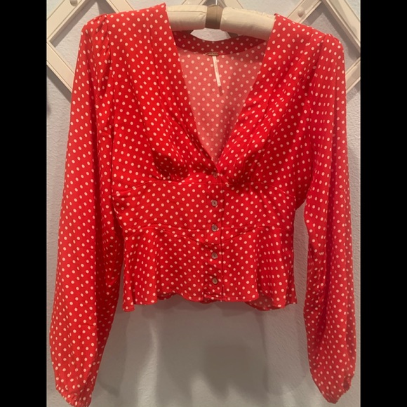 SOLD-Free People Red Polkadot Blouse - Picture 3 of 6